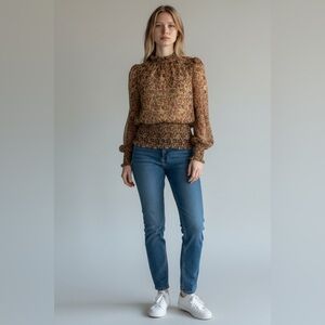 Joie Boho Metallic Smocked Blouse Retro Floral Long Sleeve Medium Cottagecore